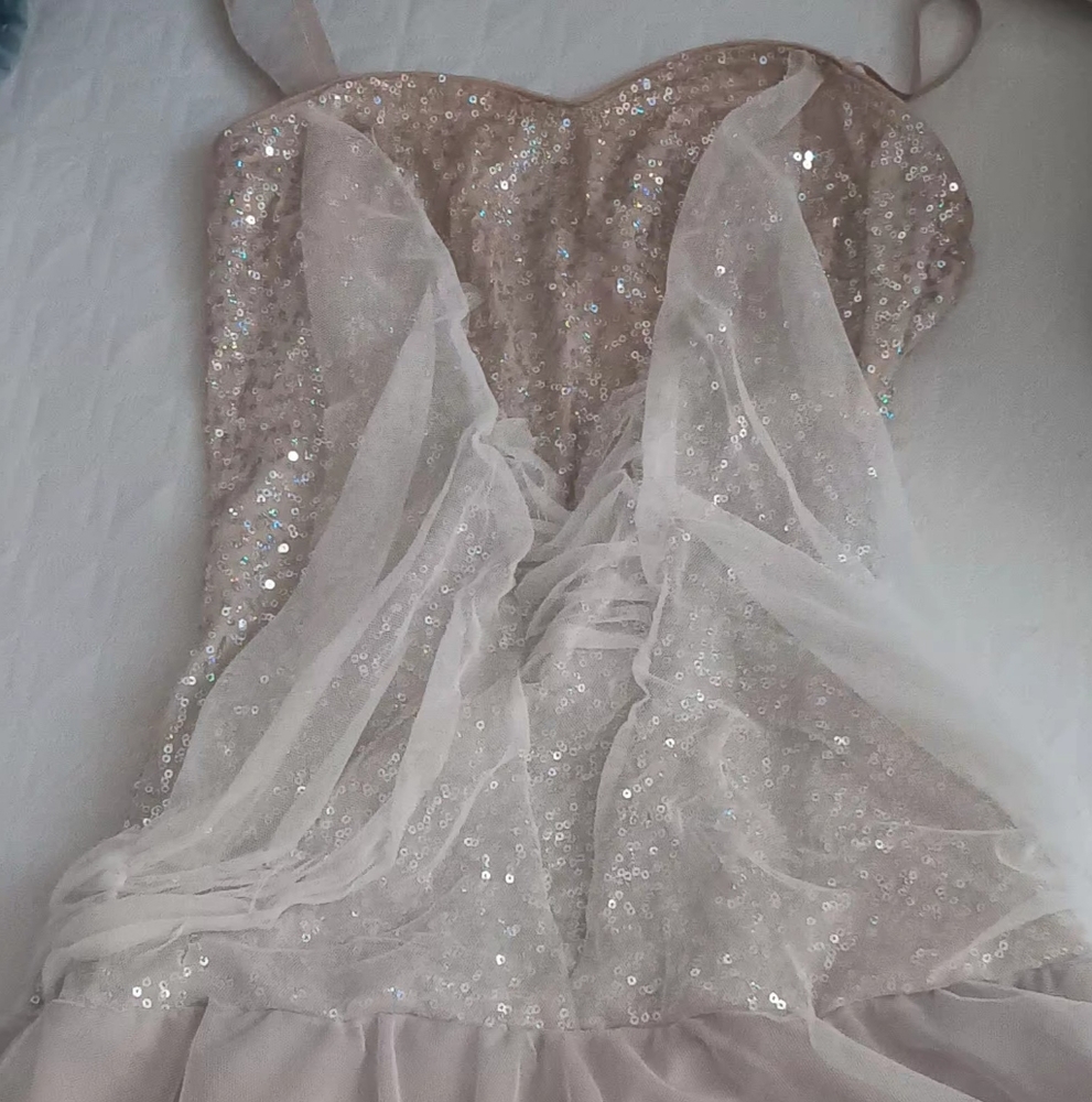 Sequin Strapless Dress with Sheer Overlay